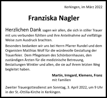 Traueranzeige von Franziska Nagler  von Schwäbische Post