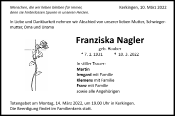 Traueranzeige von Franziska Nagler  von Schwäbische Post