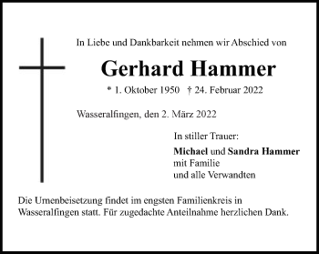 Traueranzeige von Gerhard Hammer von Schwäbische Post