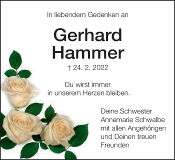 Traueranzeige von Gerhard Hammer von Schwäbische Post