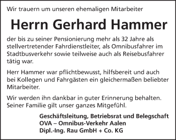 Traueranzeige von Gerhard Hammer von Schwäbische Post