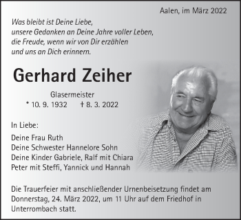 Traueranzeige von Gerhard Zeiher von Schwäbische Post