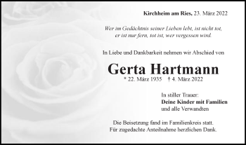 Traueranzeige von Gerta Hartmann von Schwäbische Post