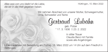 Traueranzeige von Gertraud Lubahn von Schwäbische Post