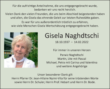 Traueranzeige von Gisela Naghdtschi von Gmünder Tagespost