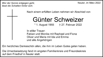 Traueranzeige von Günter Schweizer von Schwäbische Post