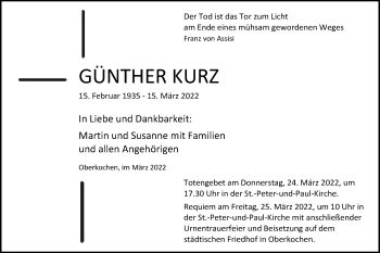 Traueranzeige von Günther Kurz von Schwäbische Post