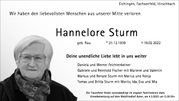 Traueranzeige von Hannelore Sturm von Schwäbische Post