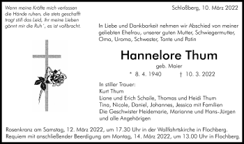 Traueranzeige von Hannelore Thum von Schwäbische Post