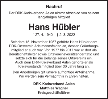 Traueranzeige von Hans Hübler von Schwäbische Post