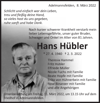 Traueranzeige von Hans Hübler von Schwäbische Post