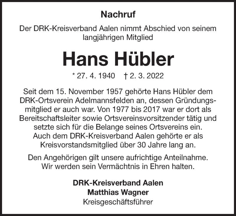  Traueranzeige für Hans Hübler vom 10.03.2022 aus Schwäbische Post