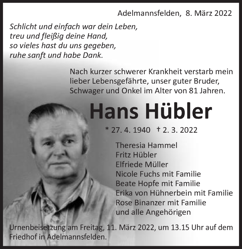  Traueranzeige für Hans Hübler vom 08.03.2022 aus Schwäbische Post