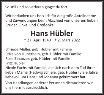 Traueranzeige von Hans Hübler von Schwäbische Post