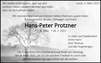 Traueranzeige von Hans-Peter Protzner von Gmünder Tagespost