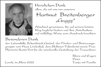 Traueranzeige von Hartmut Breitenberger von Gmünder Tagespost