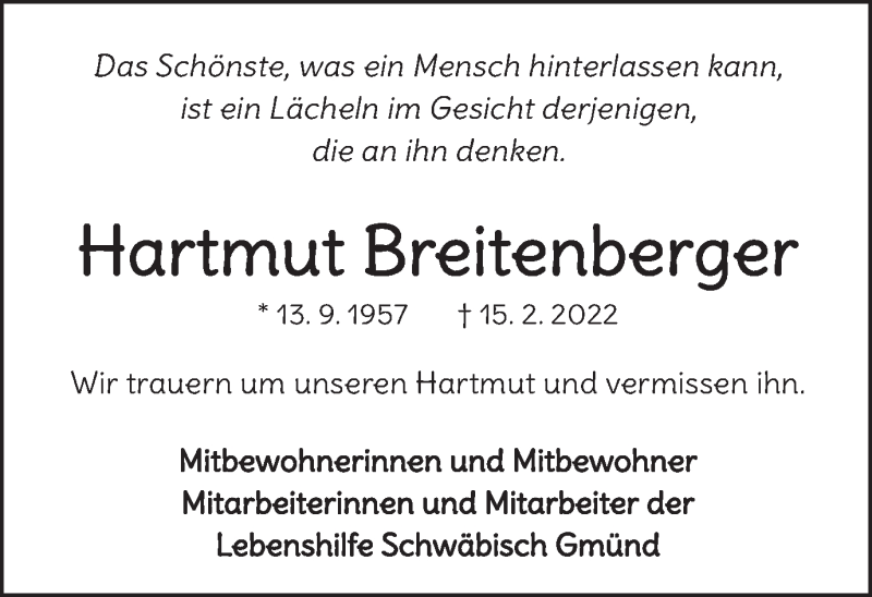  Traueranzeige für Hartmut Breitenberger vom 05.03.2022 aus Gmünder Tagespost