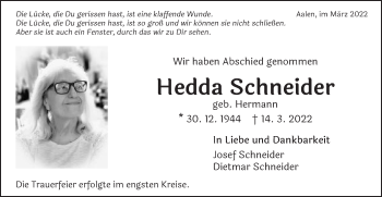 Traueranzeige von Hedda Schneider von Schwäbische Post