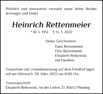 Traueranzeige von Heinrich Rettenmeier von Schwäbische Post