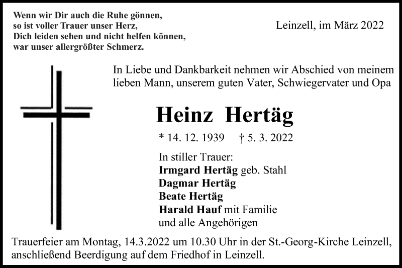  Traueranzeige für Heinz Hertäg vom 10.03.2022 aus Gmünder Tagespost