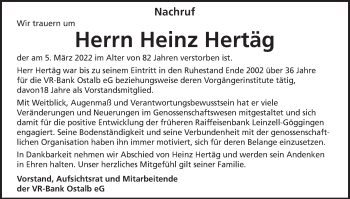 Traueranzeige von Heinz Hertäg von Gmünder Tagespost