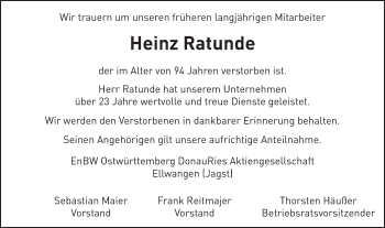 Traueranzeige von Heinz Ratunde von Schwäbische Post