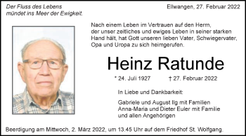 Traueranzeige von Heinz Ratunde von Schwäbische Post