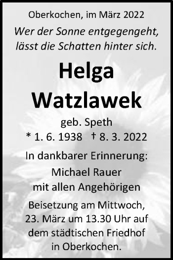 Traueranzeige von Helga Watzlawek von Schwäbische Post