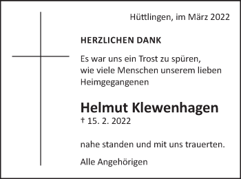 Traueranzeige von Helmut Klewenhagen von Schwäbische Post