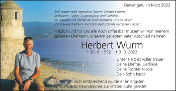 Traueranzeige von Herbert Wurm von Schwäbische Post