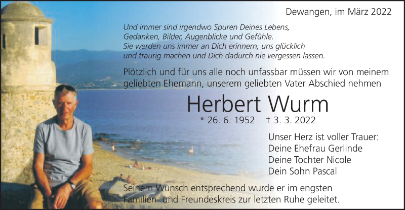  Traueranzeige für Herbert Wurm vom 19.03.2022 aus Schwäbische Post