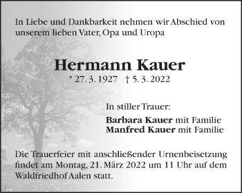 Traueranzeige von Hermann Kauer von Schwäbische Post