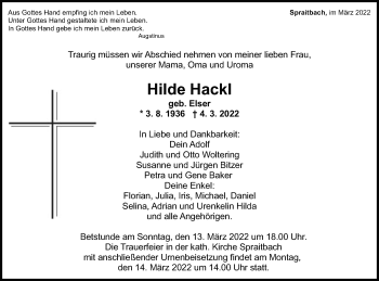 Traueranzeige von Hilde Hackl von Gmünder Tagespost