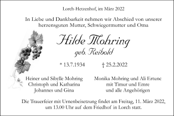 Traueranzeige von Hilde Mohring von Gmünder Tagespost