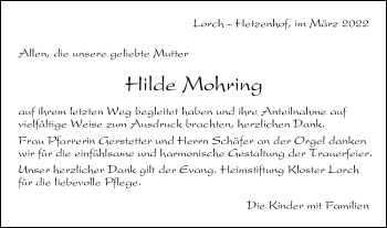 Traueranzeige von Hilde Mohring von Gmünder Tagespost
