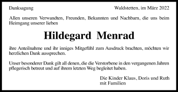 Traueranzeige von Hildegard Menrad von Gmünder Tagespost
