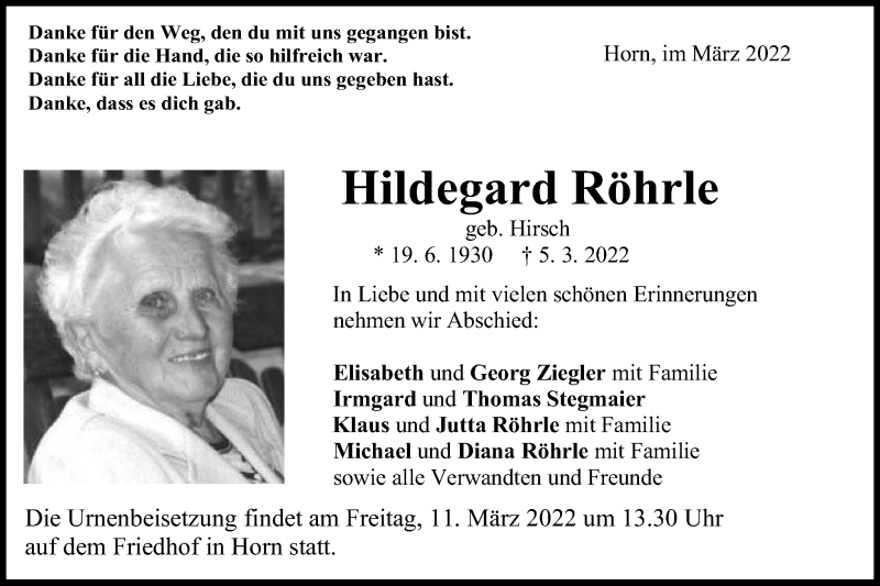  Traueranzeige für Hildegard Röhrle vom 09.03.2022 aus Gmünder Tagespost