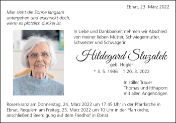 Traueranzeige von Hildegard Sluzalek von Schwäbische Post