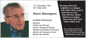 Traueranzeige von Horst Massopust von Schwäbische Post