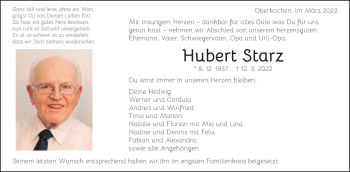 Traueranzeige von Hubert Starz von Amtsblatt_Oko