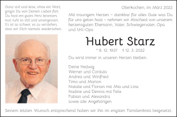 Traueranzeige von Hubert Starz von Schwäbische Post