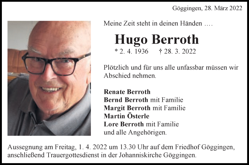 Traueranzeige für Hugo Berroth vom 30.03.2022 aus Gmünder Tagespost