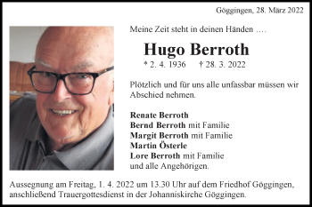 Traueranzeige von Hugo Berroth von Gmünder Tagespost