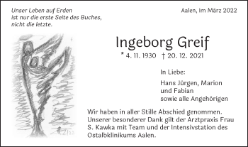 Traueranzeige von Ingeborg Greif von Schwäbische Post