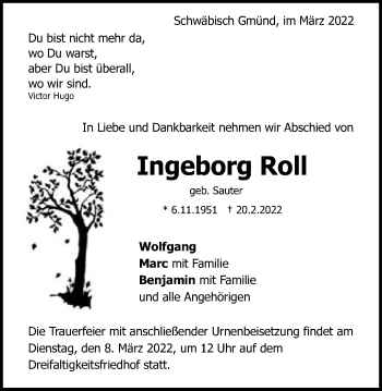 Traueranzeige von Ingeborg Roll von Gmünder Tagespost