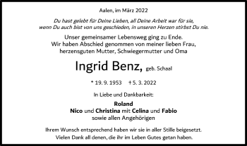 Traueranzeige von Ingrid Benz von Schwäbische Post