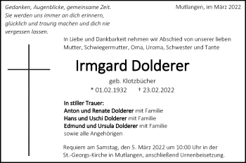 Traueranzeige von Irmgard Dolderer von Gmünder Tagespost