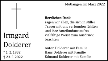 Traueranzeige von Irmgard Dolderer von Gmünder Tagespost