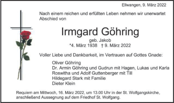 Traueranzeige von Irmgard Göhring von Schwäbische Post