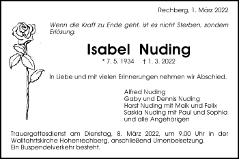 Traueranzeige von Isabel Nuding von Gmünder Tagespost